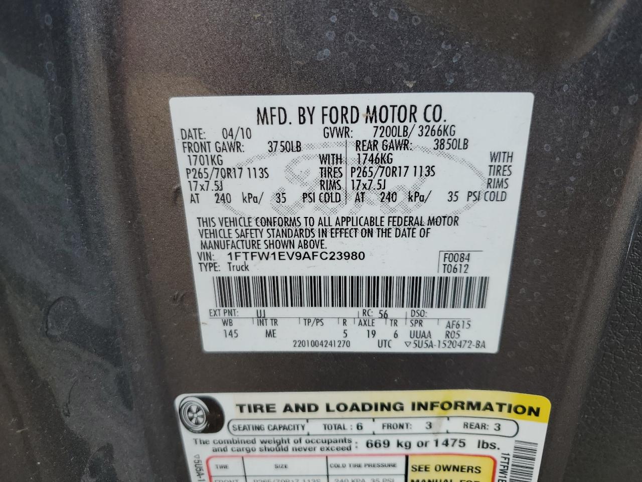 2010 Ford F150 Supercrew VIN: 1FTFW1EV9AFC23980 Lot: 67139665