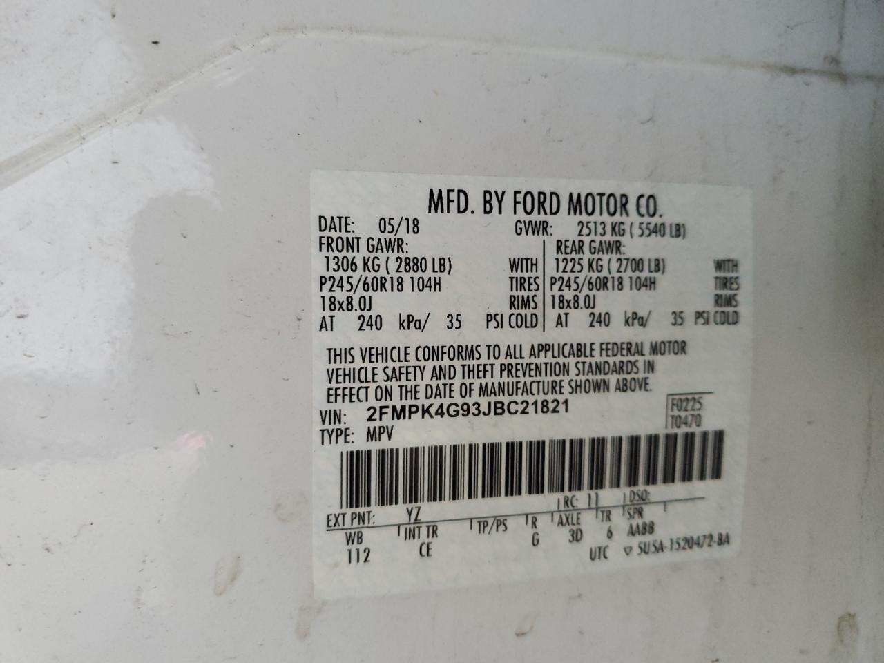 2018 Ford Edge Se VIN: 2FMPK4G93JBC21821 Lot: 69603355