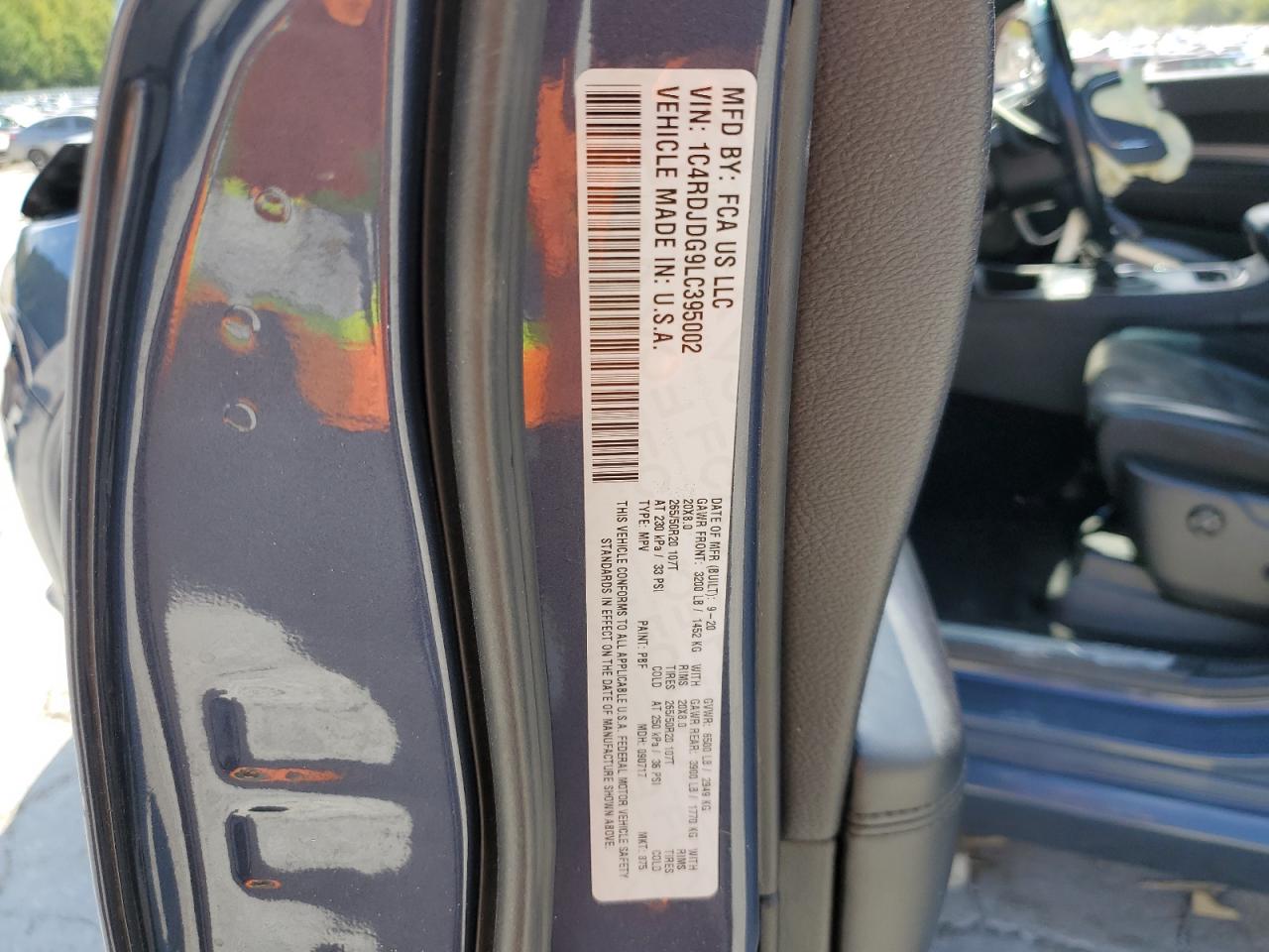 2020 Dodge Durango Gt VIN: 1C4RDJDG9LC395002 Lot: 70853755