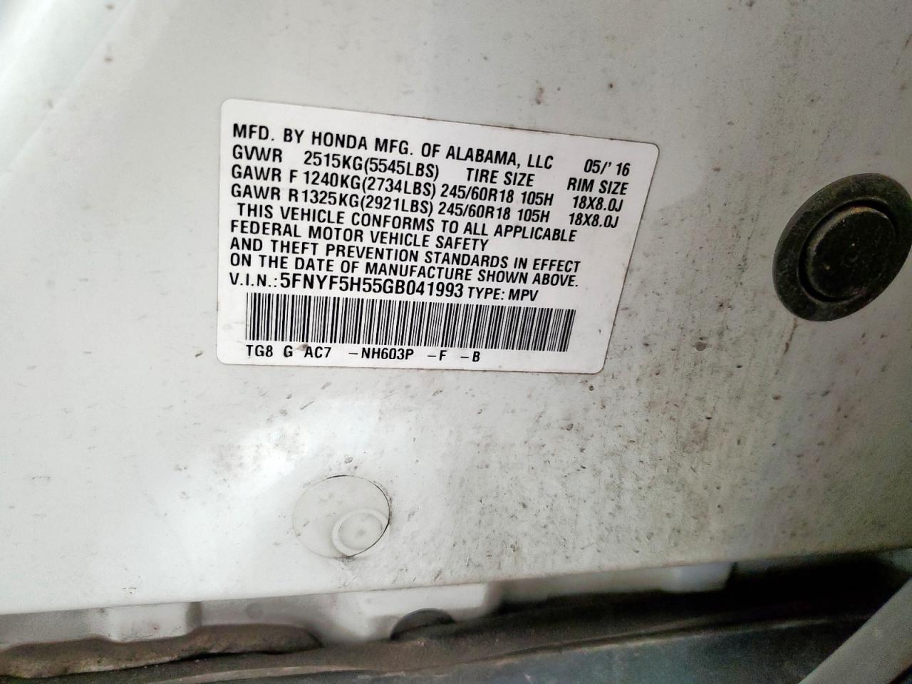 2016 Honda Pilot Exl VIN: 5FNYF5H55GB041993 Lot: 69379565