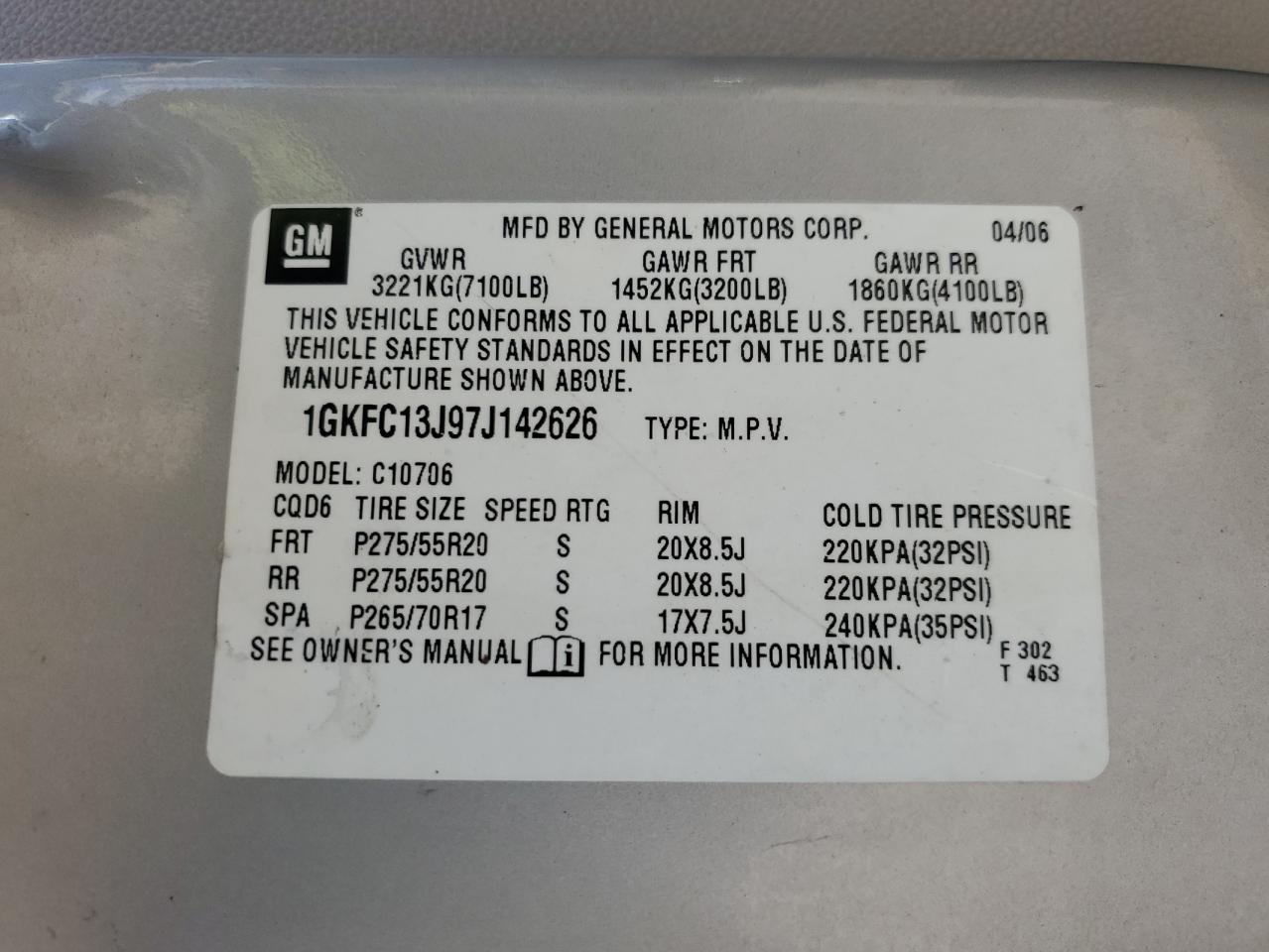 2007 GMC Yukon VIN: 1GKFC13J97J142626 Lot: 70885445