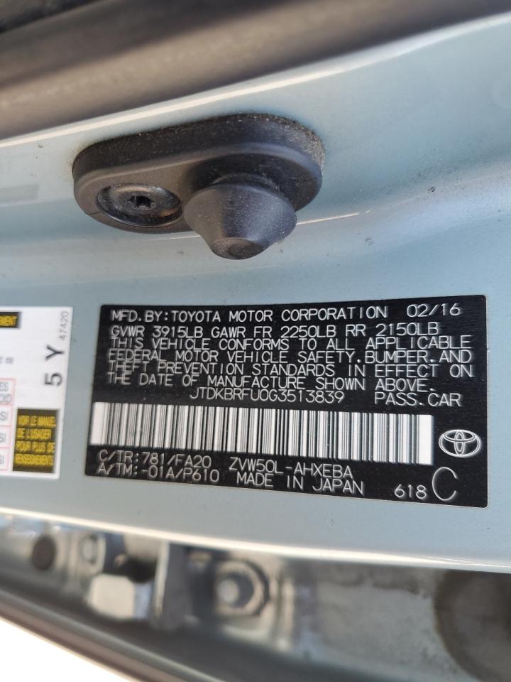 2016 Toyota Prius VIN: JTDKBRFU0G3513839 Lot: 67841095