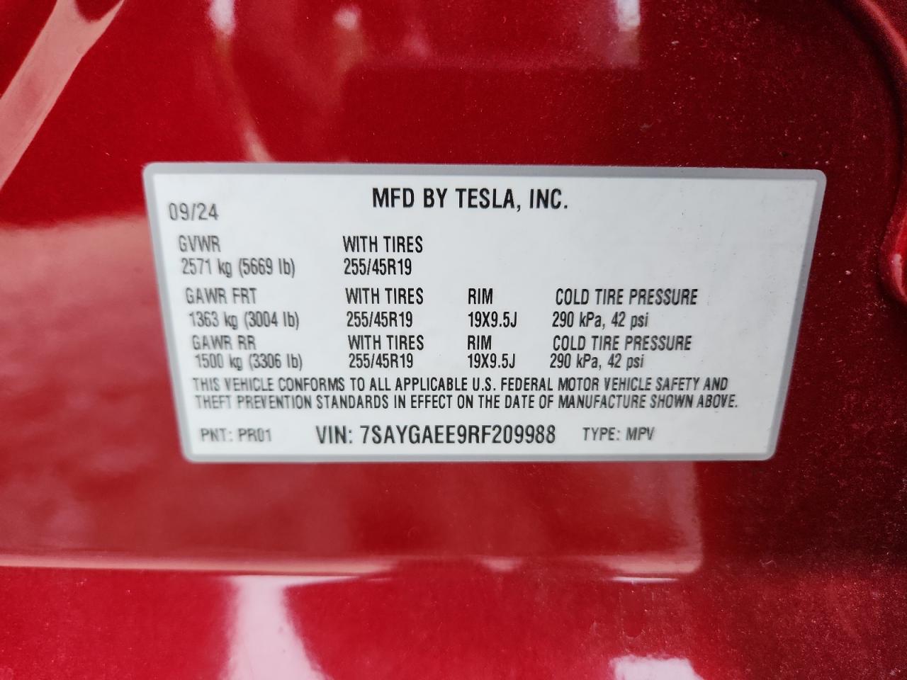 2024 Tesla Model Y VIN: 7SAYGAEE9RF209988 Lot: 67562205
