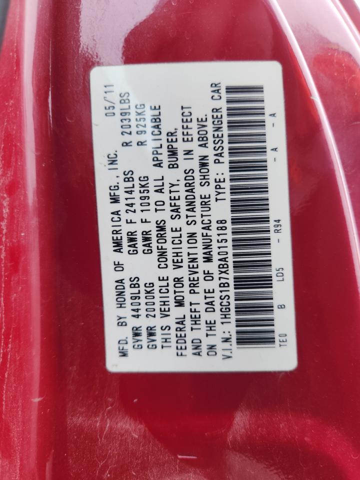 2011 Honda Accord Ex VIN: 1HGCS1B7XBA015188 Lot: 69570135