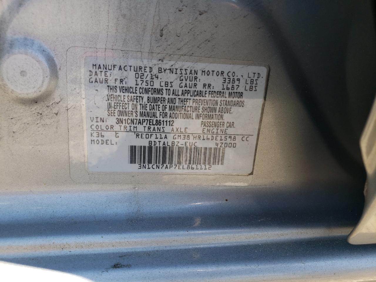 2014 Nissan Versa S VIN: 3N1CN7AP7EL861112 Lot: 70309905