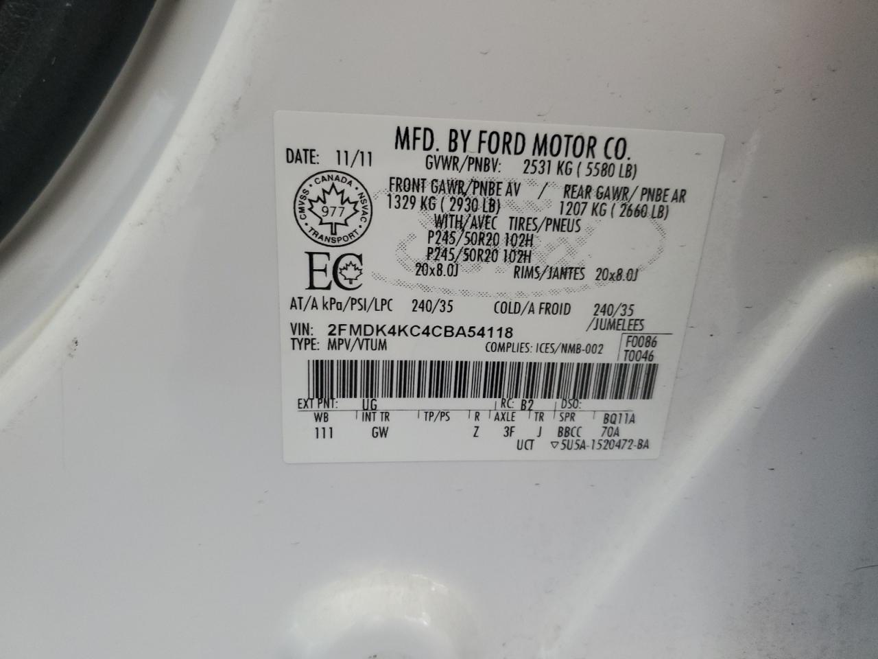 2012 Ford Edge Limited VIN: 2FMDK4KC4CBA54118 Lot: 67471225