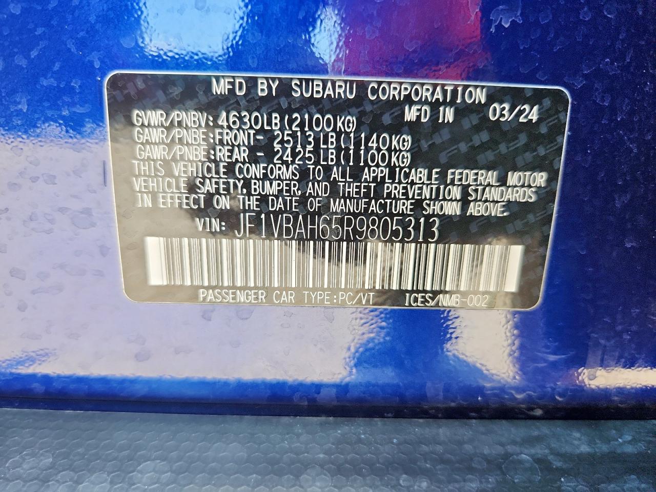 2024 Subaru Wrx Premium VIN: JF1VBAH65R9805313 Lot: 68667365