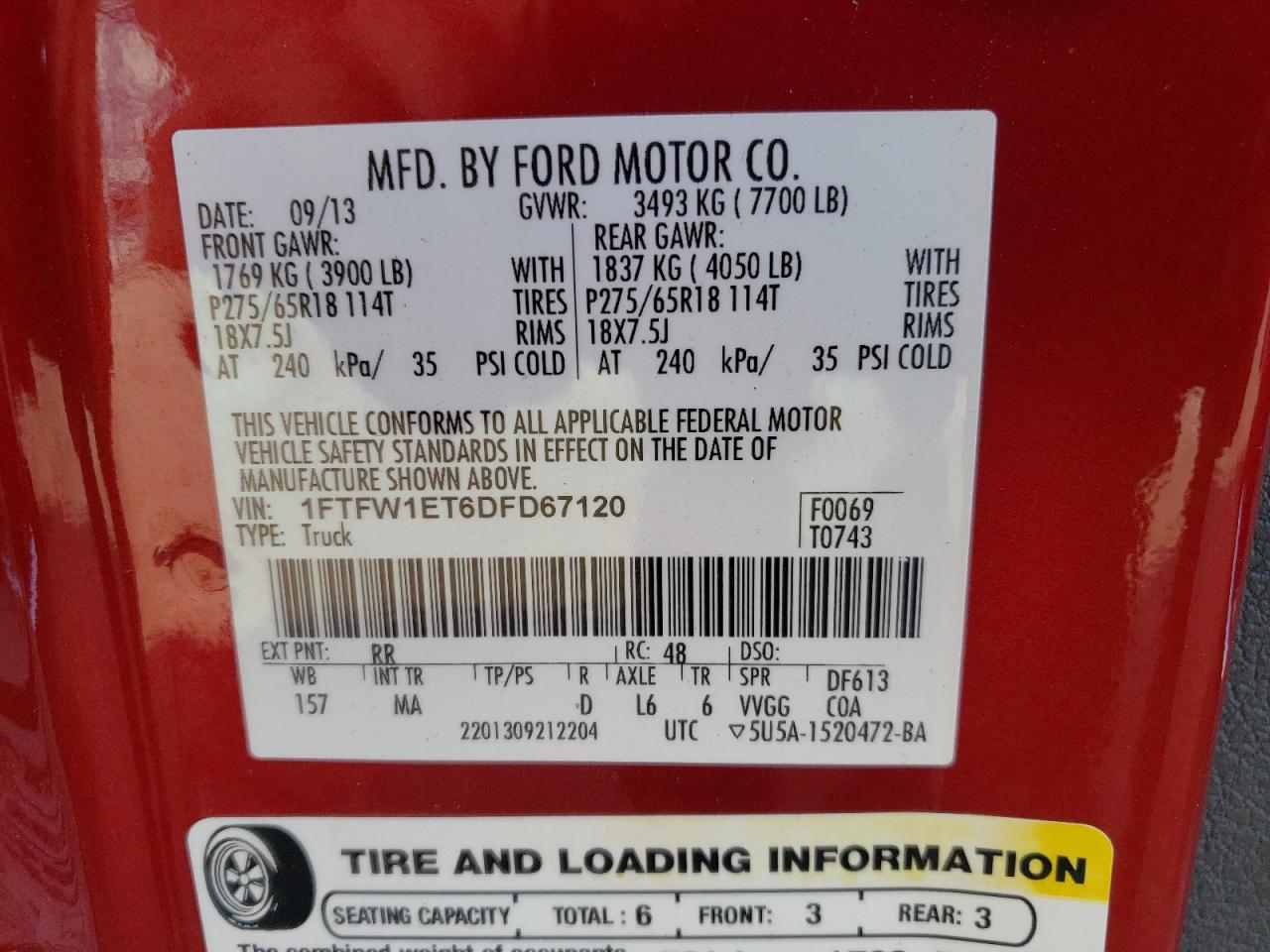 2013 Ford F150 Supercrew VIN: 1FTFW1ET6DFD67120 Lot: 69647805