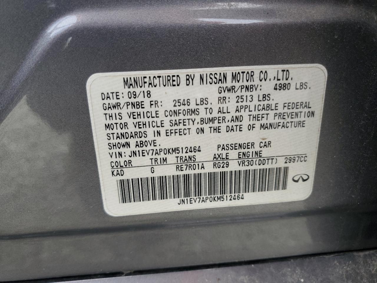 2019 Infiniti Q50 Luxe VIN: JN1EV7AP0KM512464 Lot: 67433885