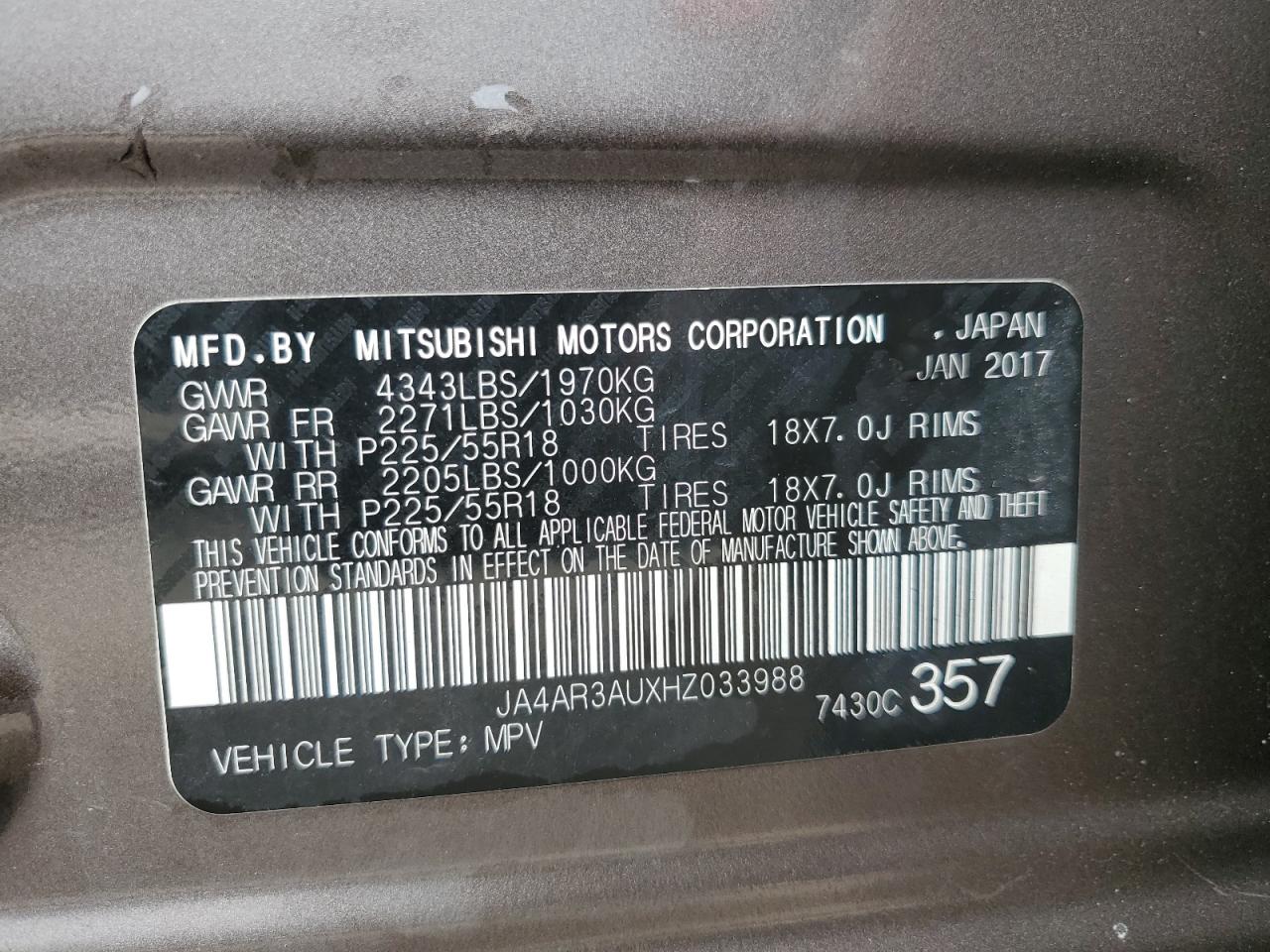 2017 Mitsubishi Outlander Sport Es VIN: JA4AR3AUXHZ033988 Lot: 68567485