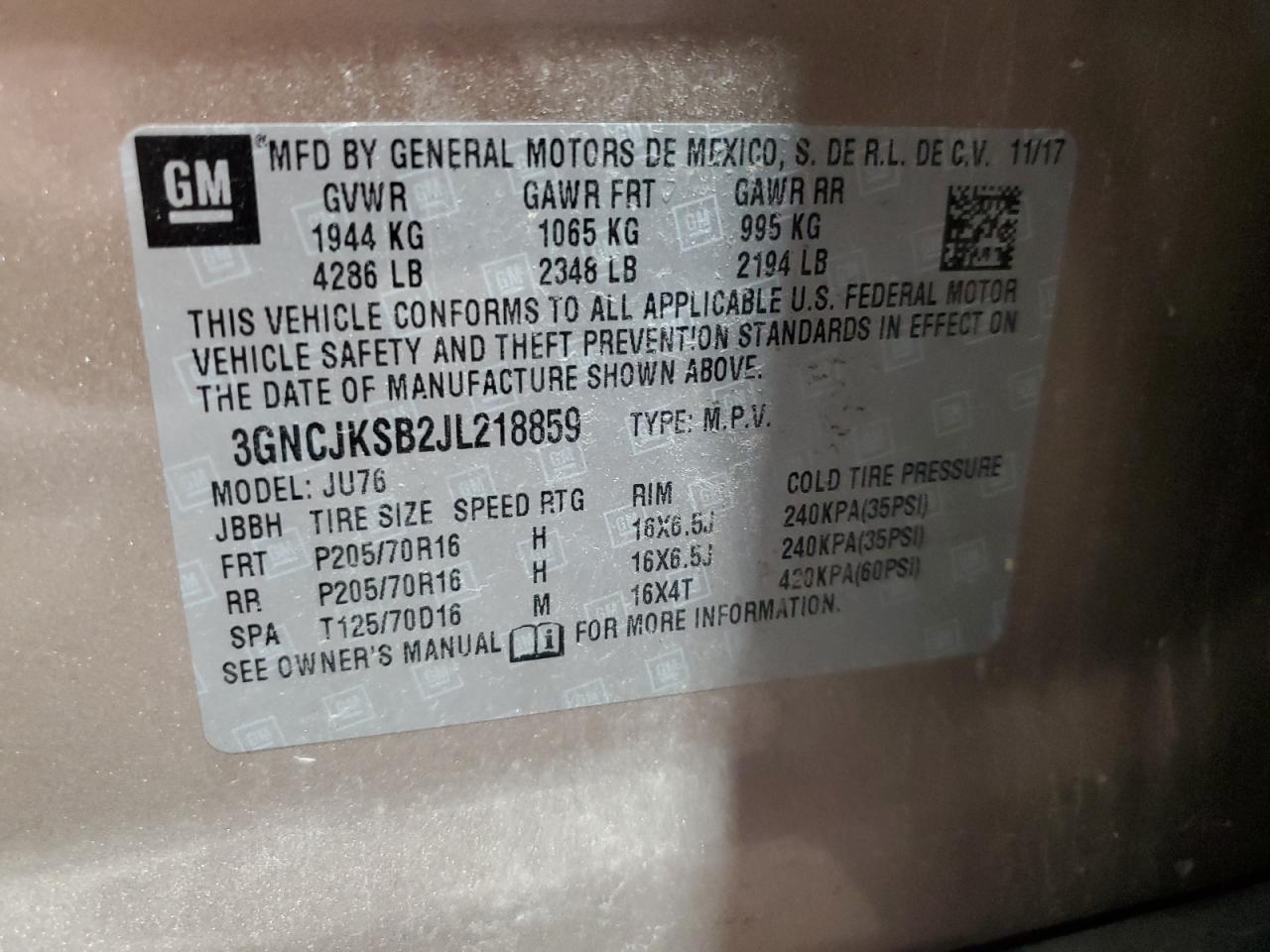 2018 Chevrolet Trax Ls VIN: 3GNCJKSB2JL218859 Lot: 68781605