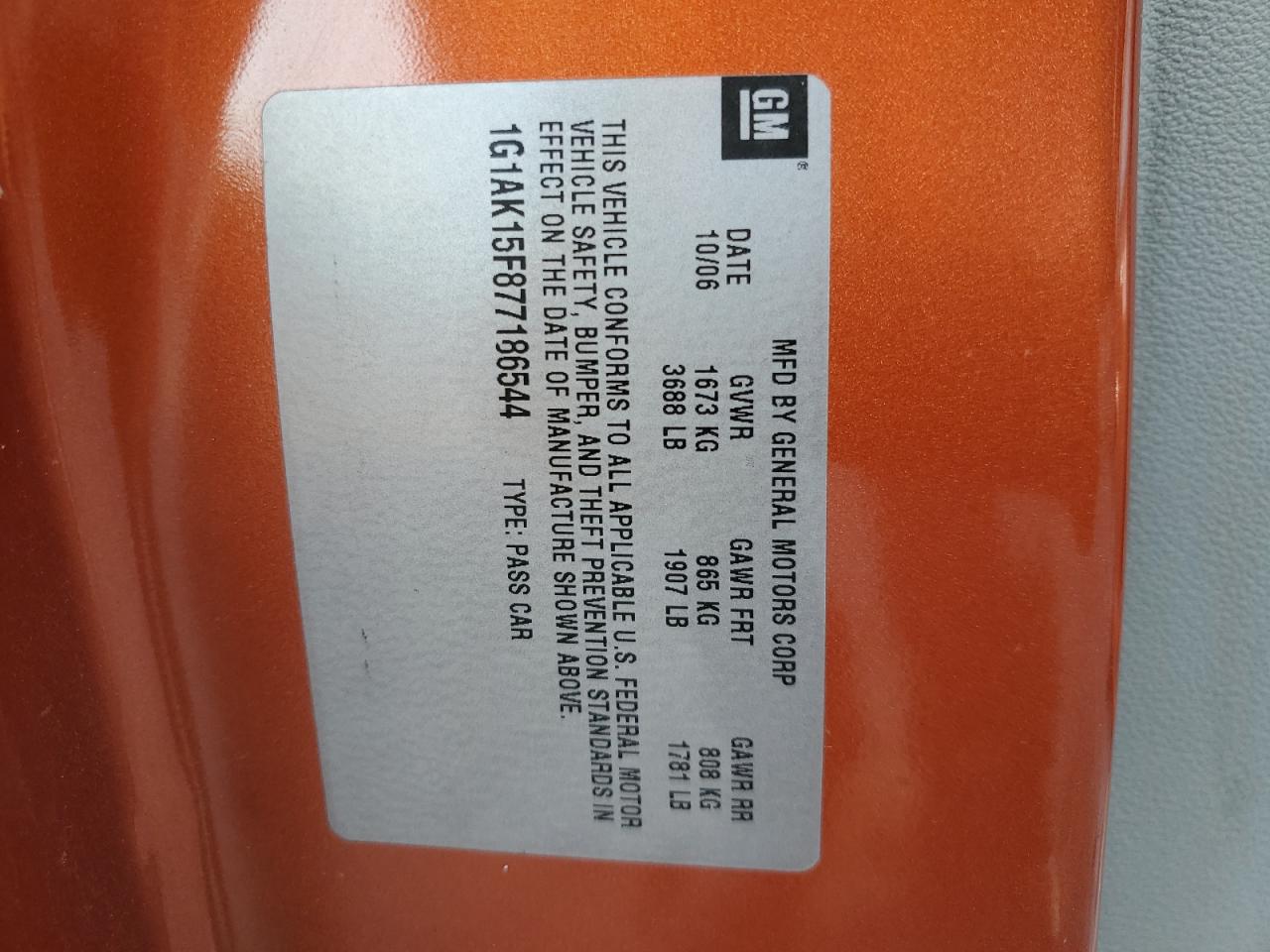 2007 Chevrolet Cobalt Ls VIN: 1G1AK15F877186544 Lot: 84874265