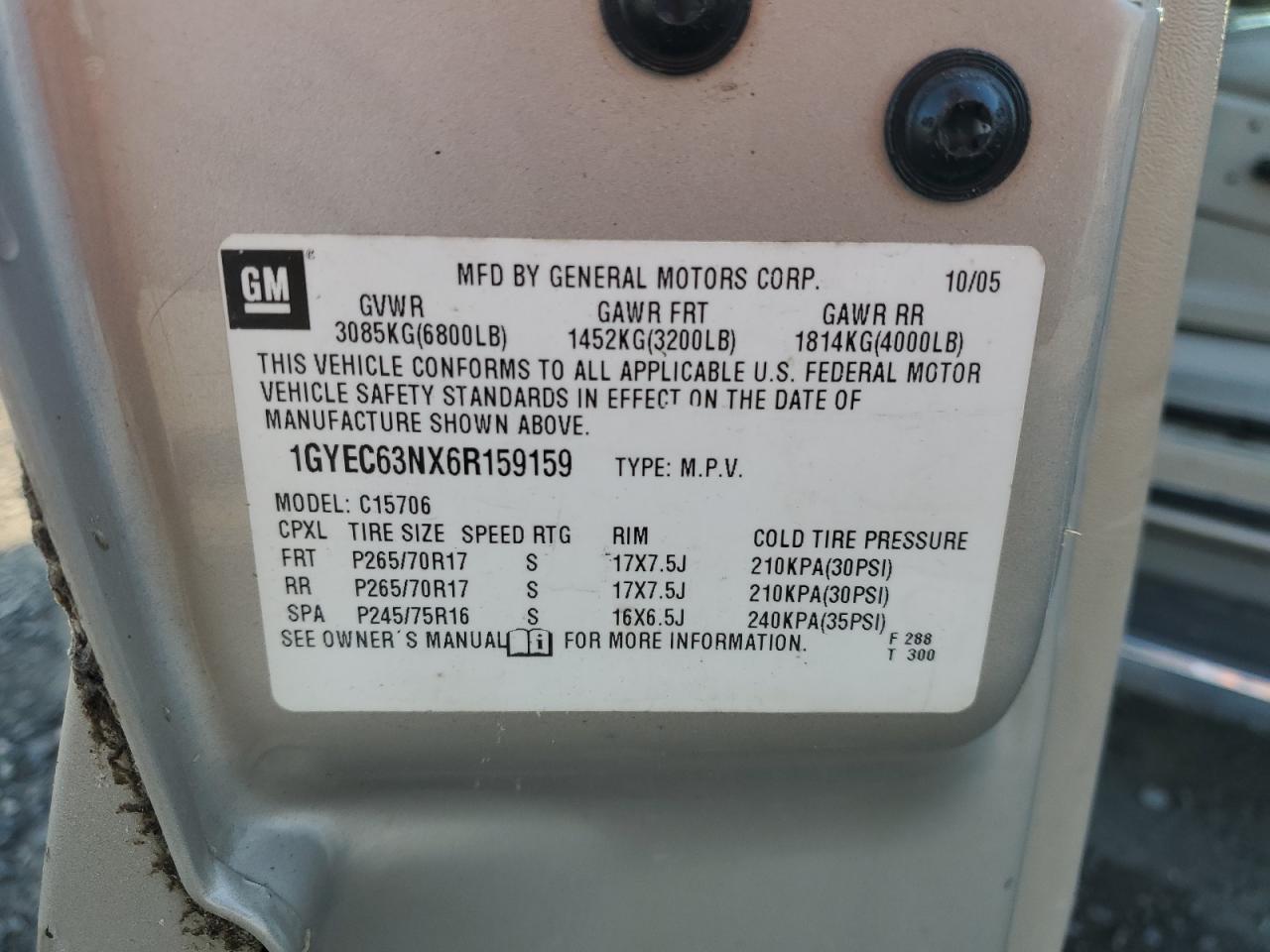 2006 Cadillac Escalade Luxury VIN: 1GYEC63NX6R159159 Lot: 68949175