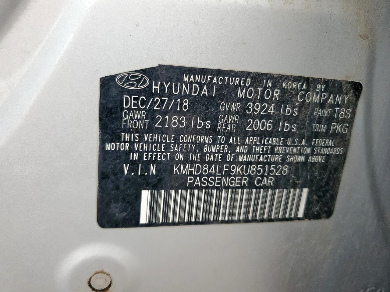 2019 Hyundai Elantra Sel VIN: KMHD84LF9KU851528 Lot: 68425135