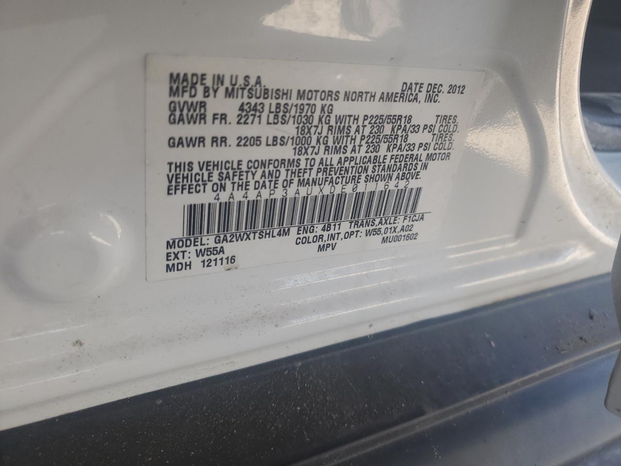 2013 Mitsubishi Outlander Sport Es VIN: 4A4AP3AUXDE011642 Lot: 70506825