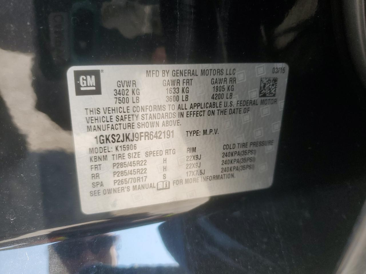2015 GMC Yukon Xl Denali VIN: 1GKS2JKJ9FR642191 Lot: 69272025