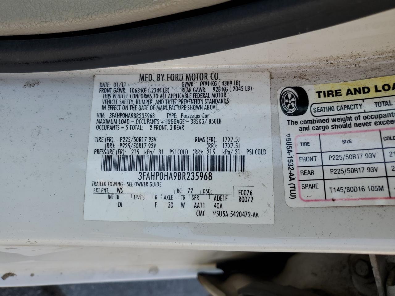 2011 Ford Fusion Se VIN: 3FAHP0HA9BR235968 Lot: 70230795