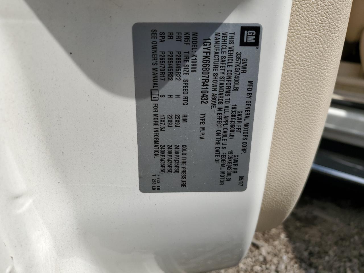 2007 Cadillac Escalade Esv VIN: 1GYFK66807R410432 Lot: 69067455