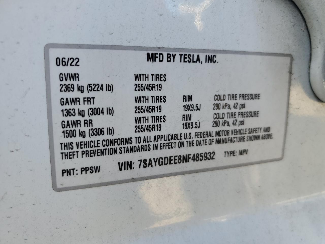 2022 Tesla Model Y VIN: 7SAYGDEE8NF485932 Lot: 65284695