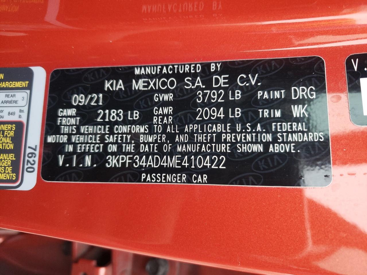 2021 Kia Forte Gt Line VIN: 3KPF34AD4ME410422 Lot: 67904845