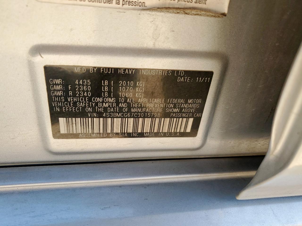 4S3BMCG67C3015798 2012 Subaru Legacy 2.5I Premium