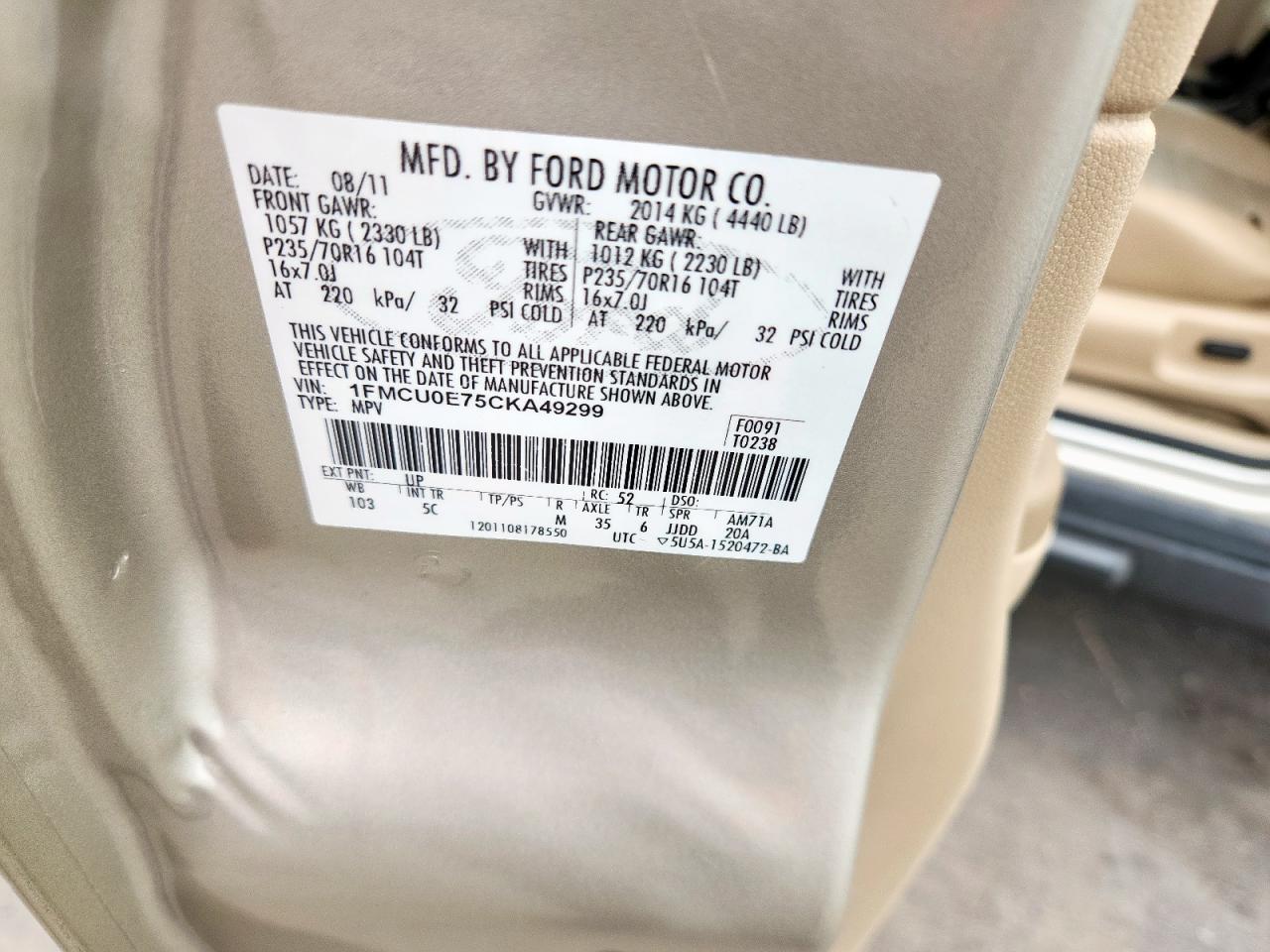 2012 Ford Escape Limited VIN: 1FMCU0E75CKA49299 Lot: 70583715