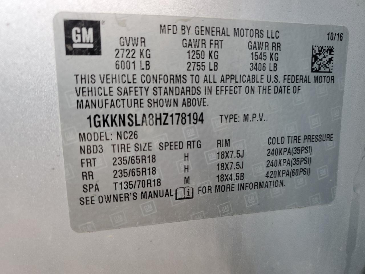 2017 GMC Acadia Sle VIN: 1GKKNSLA8HZ178194 Lot: 70221795