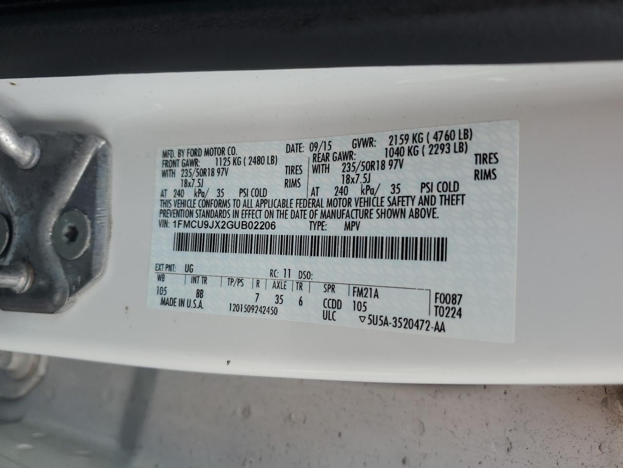 2016 Ford Escape Titanium VIN: 1FMCU9JX2GUB02206 Lot: 70876535