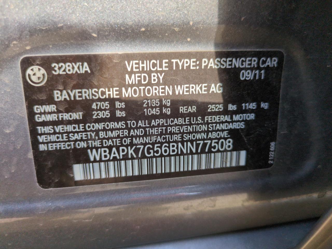 2011 BMW 328 Xi VIN: WBAPK7G56BNN77508 Lot: 68046405