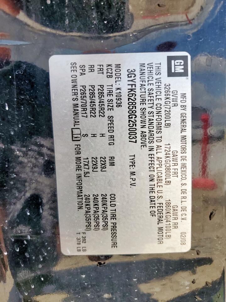 2008 Cadillac Escalade Ext VIN: 3GYFK62858G250037 Lot: 68469985