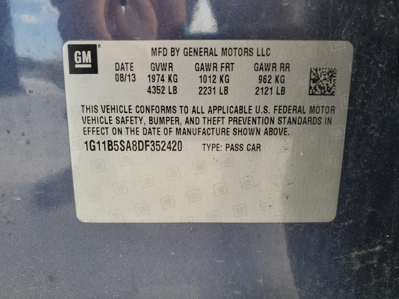 2013 Chevrolet Malibu Ls VIN: 1G11B5SA8DF352420 Lot: 70064165