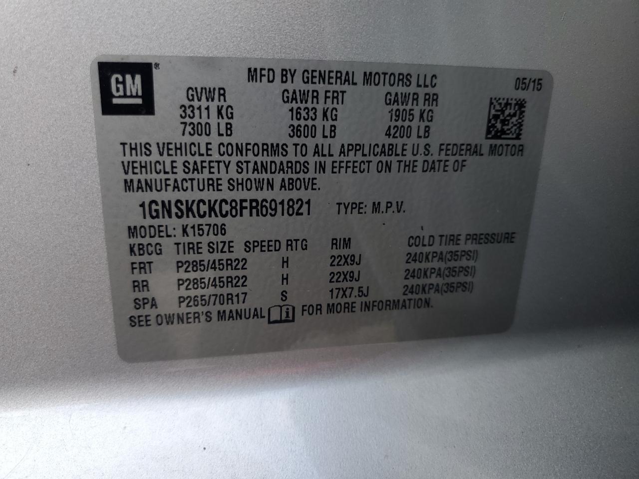 2015 Chevrolet Tahoe K1500 Ltz VIN: 1GNSKCKC8FR691821 Lot: 69570275