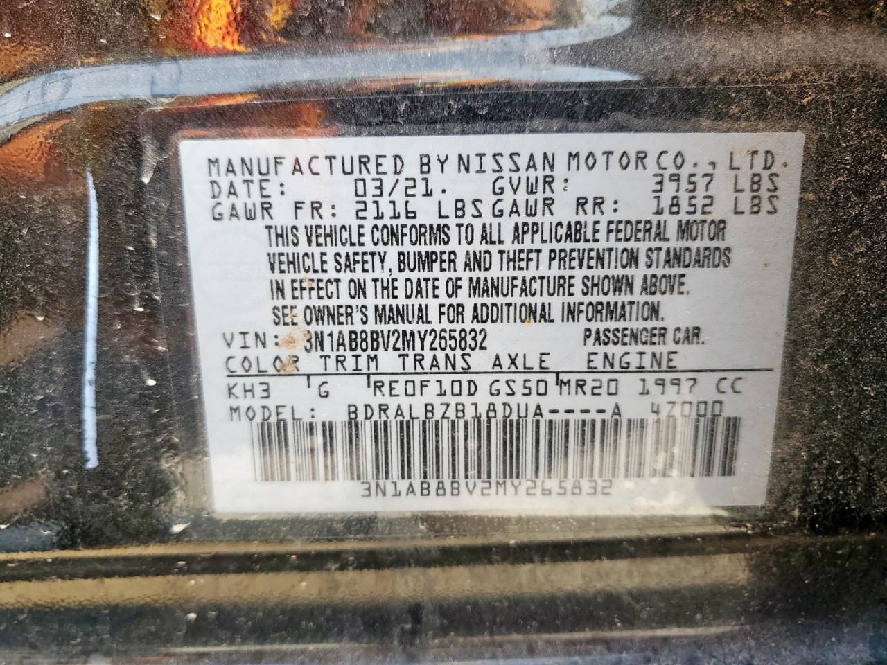 2021 Nissan Sentra S VIN: 3N1AB8BV2MY265832 Lot: 69349265