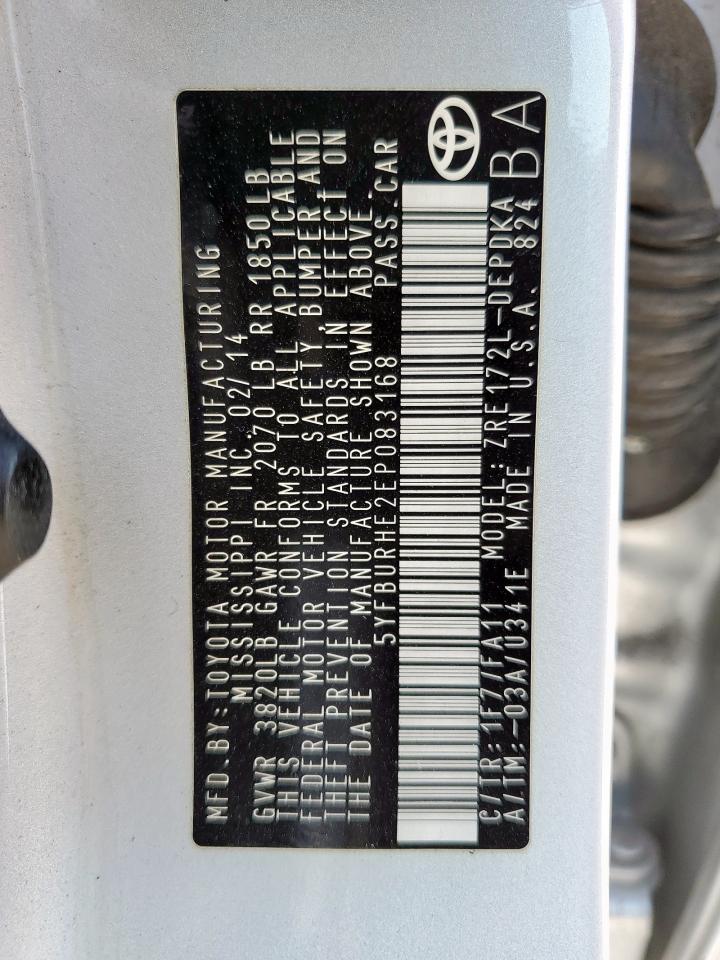 2014 Toyota Corolla L VIN: 5YFBURHE2EP083168 Lot: 68356535