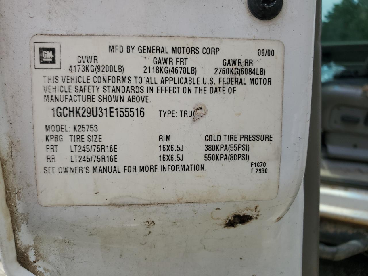 2001 Chevrolet Silverado K2500 Heavy Duty VIN: 1GCHK29U31E155516 Lot: 69757755