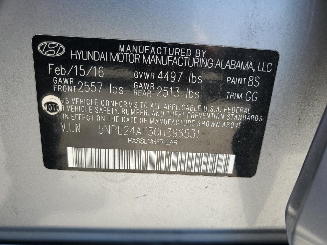 2016 Hyundai Sonata Se VIN: 5NPE24AF3GH396531 Lot: 67939655