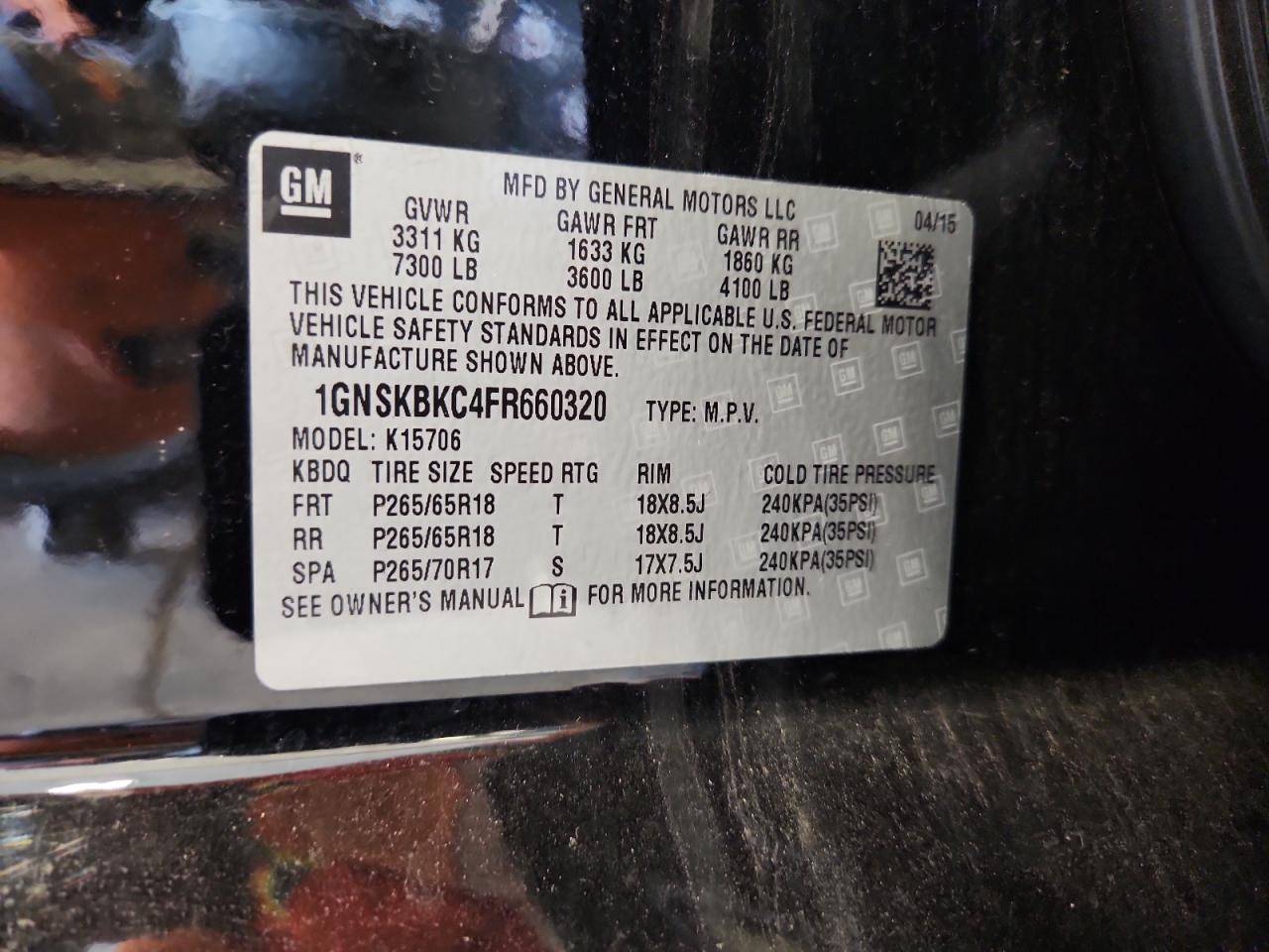 2015 Chevrolet Tahoe K1500 Lt VIN: 1GNSKBKC4FR660320 Lot: 70246575