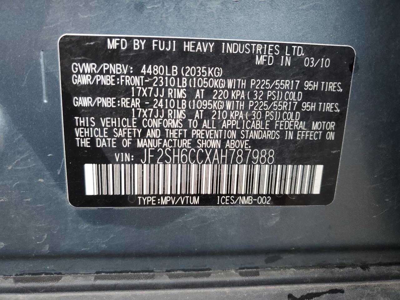 2010 Subaru Forester 2.5X Premium VIN: JF2SH6CCXAH787988 Lot: 70473665