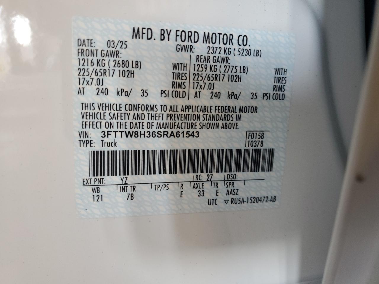 2025 Ford Maverick Xlt VIN: 3FTTW8H36SRA61543 Lot: 70449965