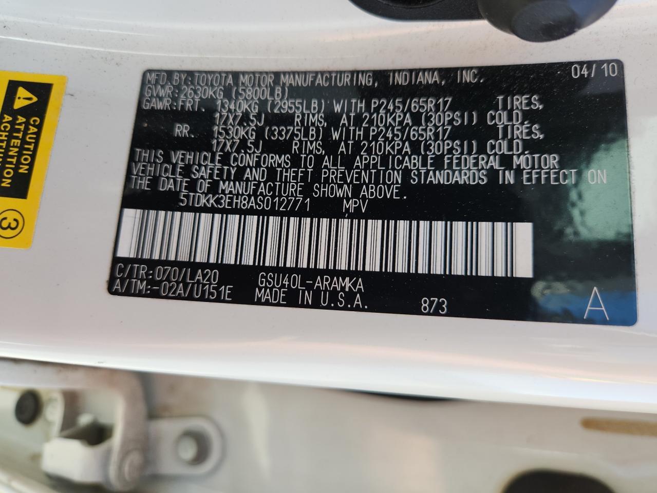 2010 Toyota Highlander Se VIN: 5TDKK3EH8AS012771 Lot: 70038035