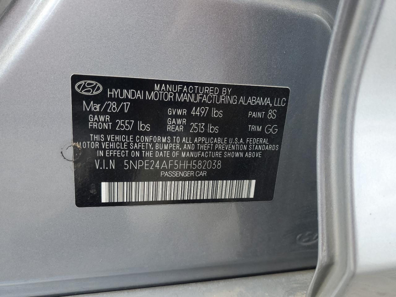 2017 Hyundai Sonata Se VIN: 5NPE24AF5HH582038 Lot: 69273835