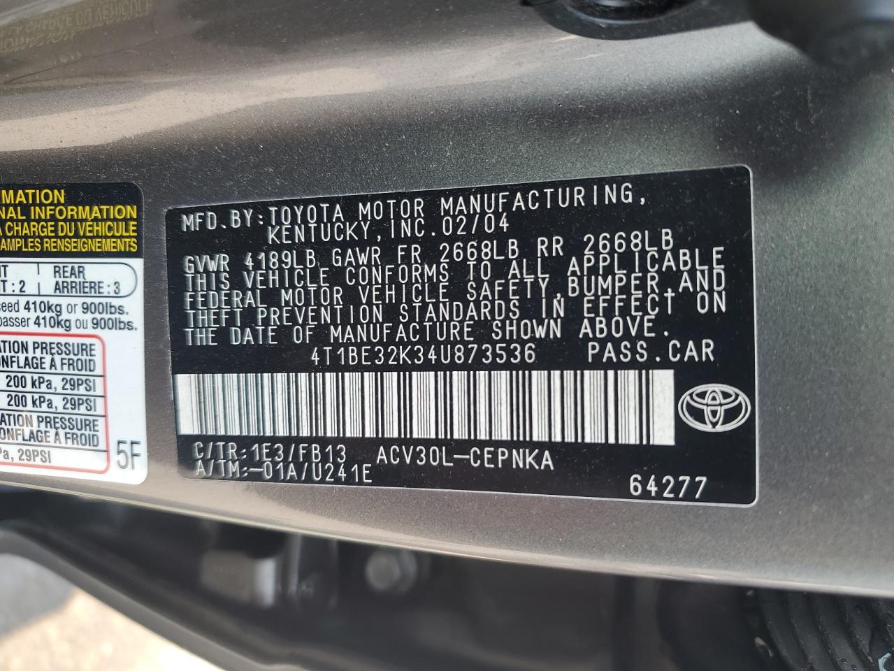 2004 Toyota Camry Le VIN: 4T1BE32K34U873536 Lot: 66628075