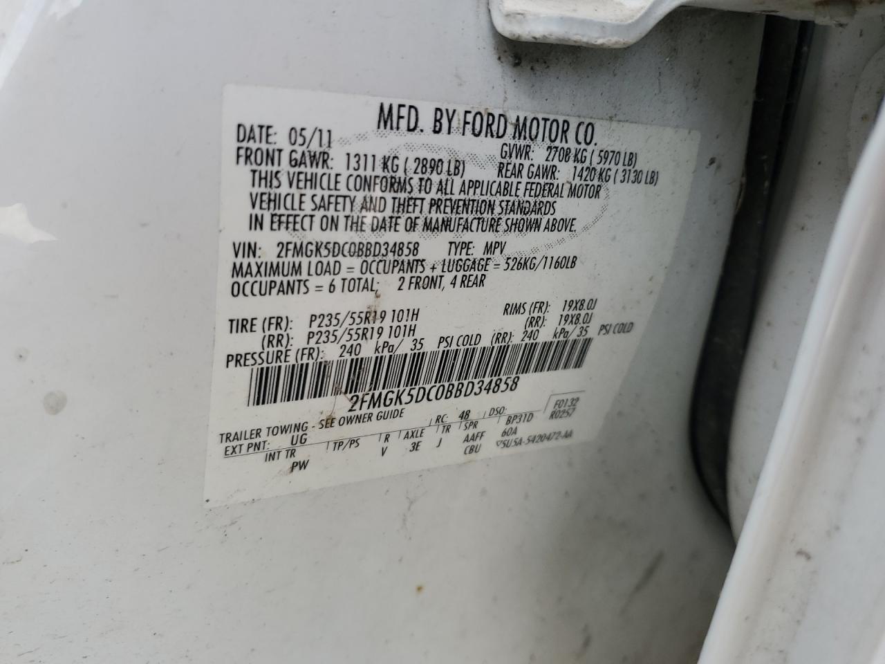 2011 Ford Flex Limited VIN: 2FMGK5DC0BBD34858 Lot: 68478415