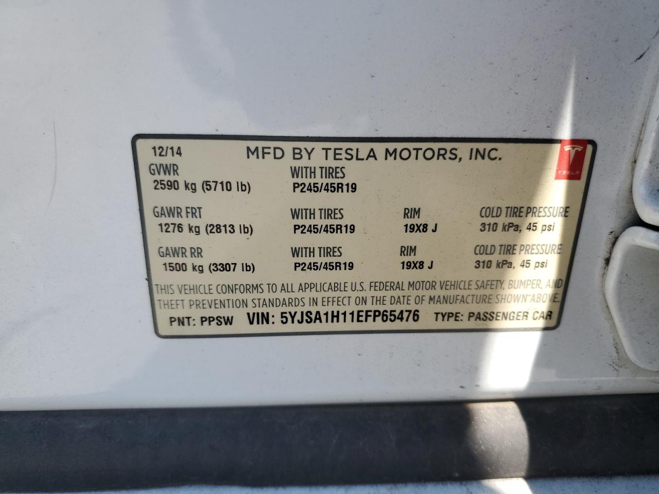 2014 Tesla Model S VIN: 5YJSA1H11EFP65476 Lot: 69247515
