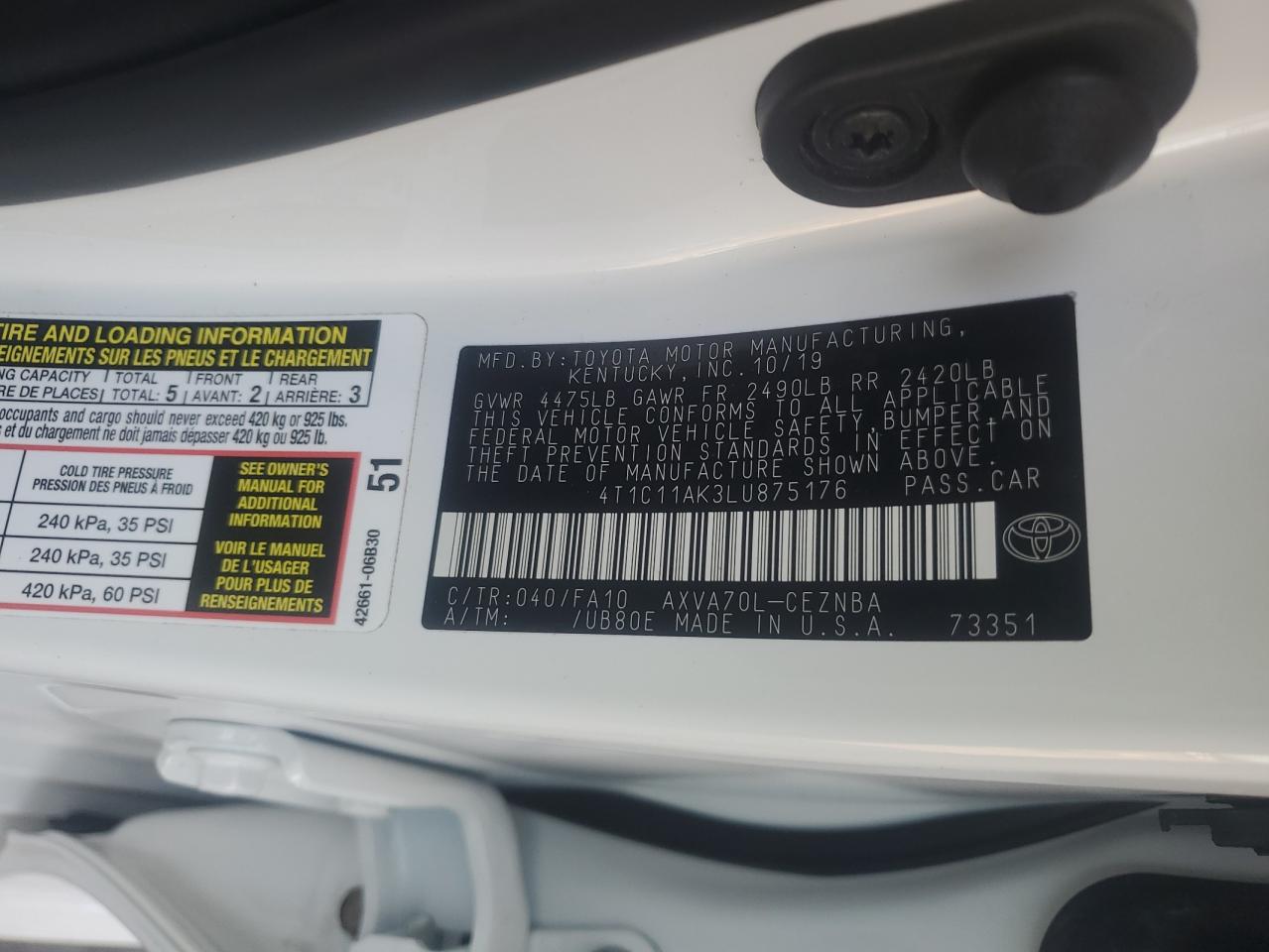 4T1C11AK3LU875176 2020 Toyota Camry Le