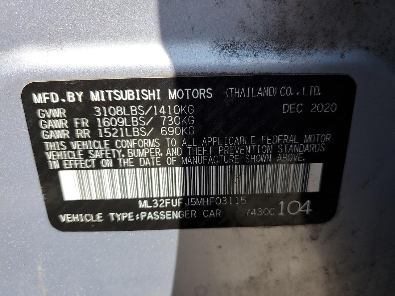 2021 Mitsubishi Mirage G4 Es VIN: ML32FUFJ5MHF03115 Lot: 68092045