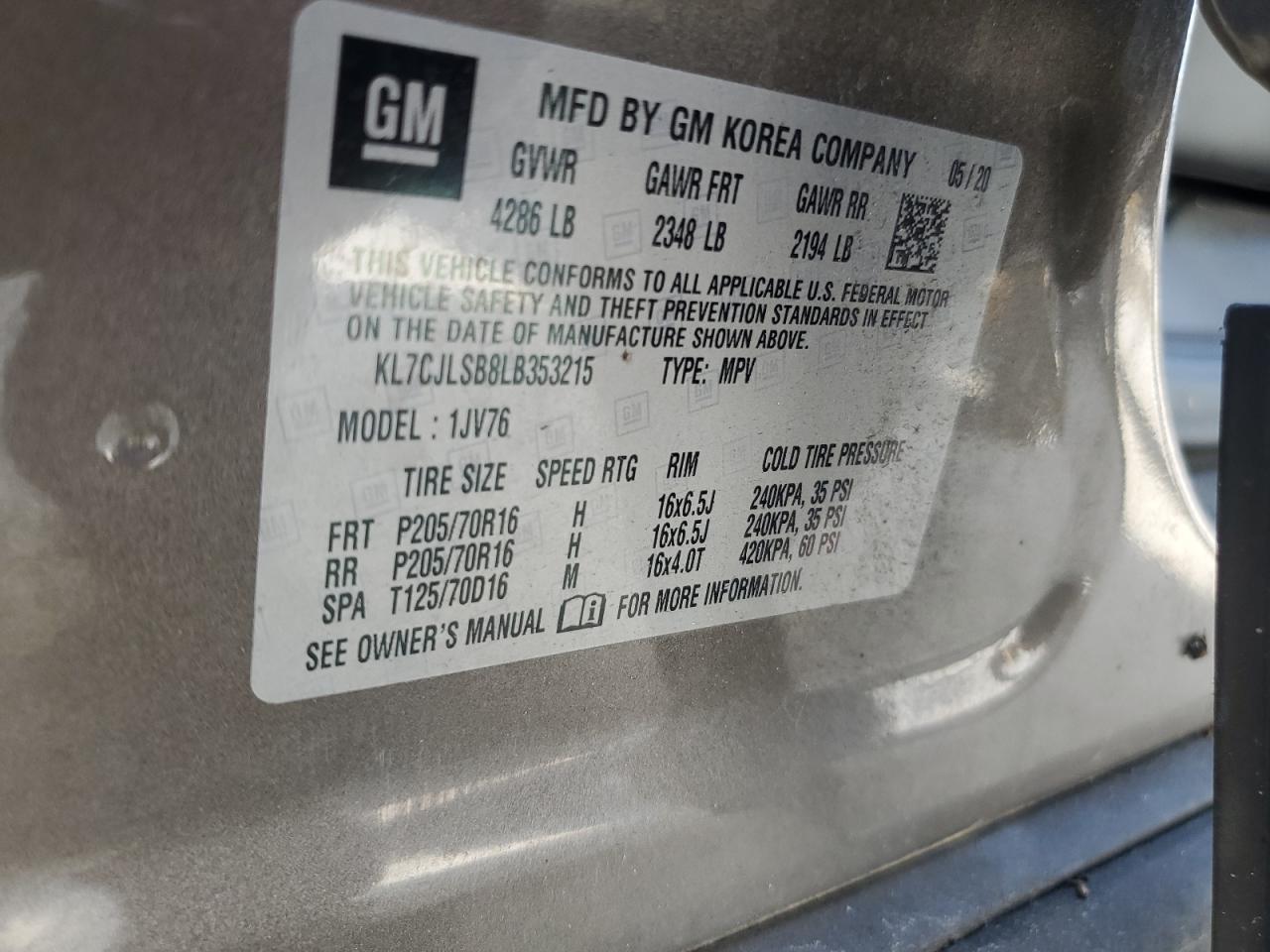 2020 Chevrolet Trax 1Lt VIN: KL7CJLSB8LB353215 Lot: 70131445