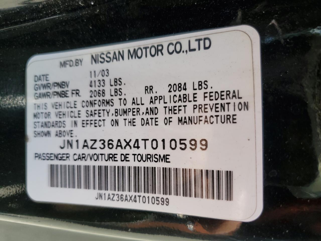 2004 Nissan 350Z Roadster VIN: JN1AZ36AX4T010599 Lot: 69033455