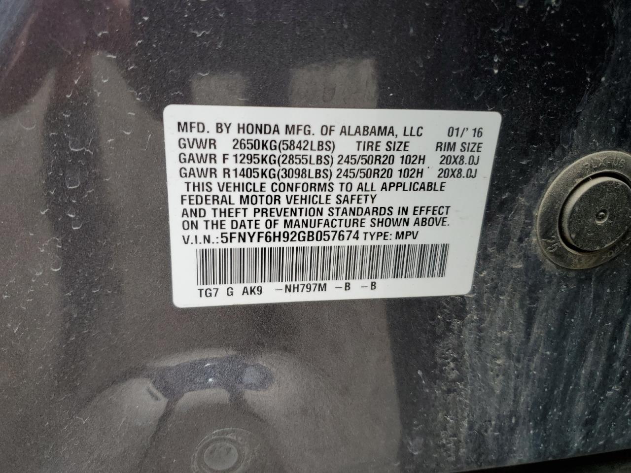 2016 Honda Pilot Touring VIN: 5FNYF6H92GB057674 Lot: 68116615