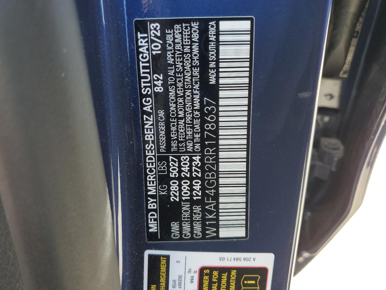 2024 Mercedes-Benz C 300 VIN: W1KAF4GB2RR178637 Lot: 69478305